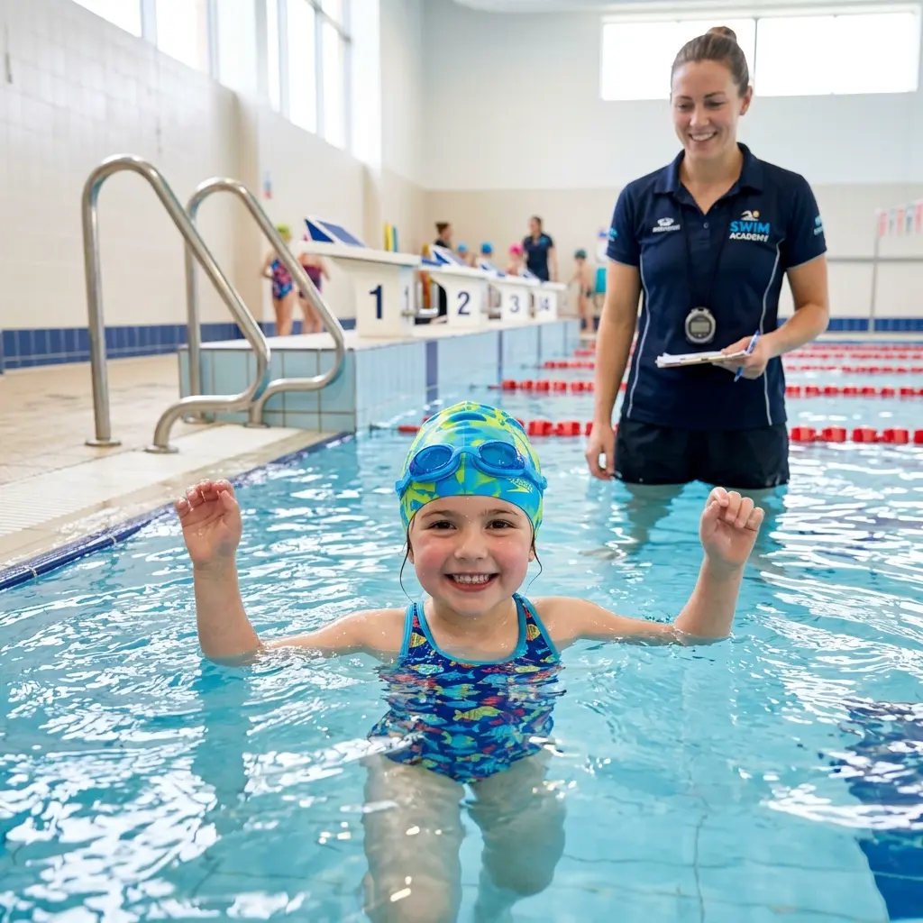Clases de natación para niños en Chancay: Niña aprendiendo a nadar con instructora profesional
